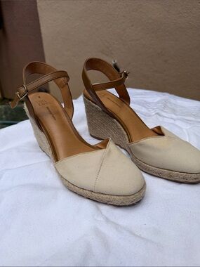 Time and Tru Cream Canvas Wedge Espadrille with Tan Ankle Strap